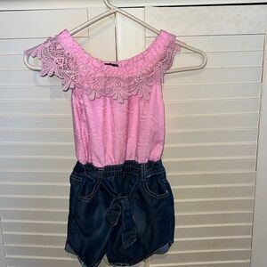 Limited Too pink lace, and denim romper size seven
